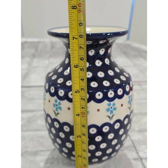 Boleslawiec Handmade Blue Eyed Peacock Pitcher Vase 7" Floral Cobalt - Picture 8 of 10